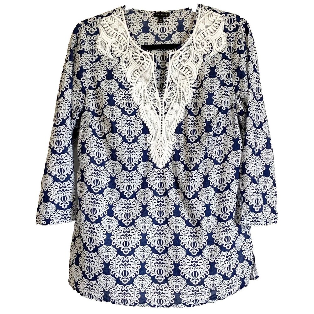 Talbot Blue Batik Lace Tunic Top Womens Medium 3/4 Sleeves Artsy Quiet Luxury